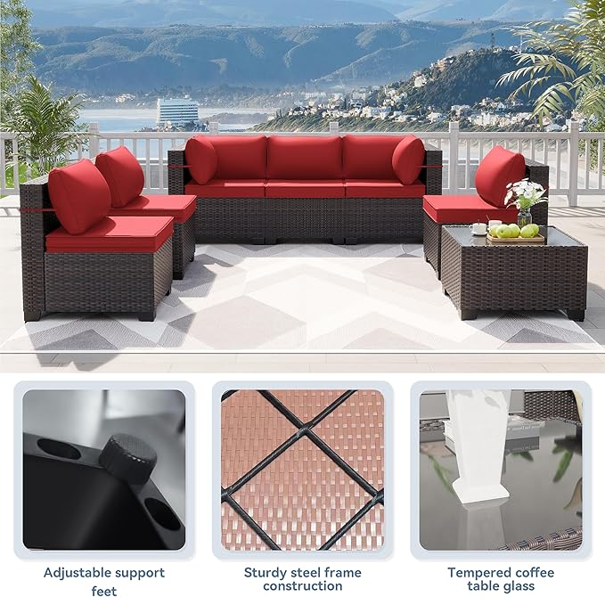 Kurapika 10 Pieces Patio Furniture Set, Rattan Wicker Sofa Set, Outdoor Conversation Sets w/Swivel Rocking Chairs Patio Sectional Sofa w/4 Inch Cushion, Red