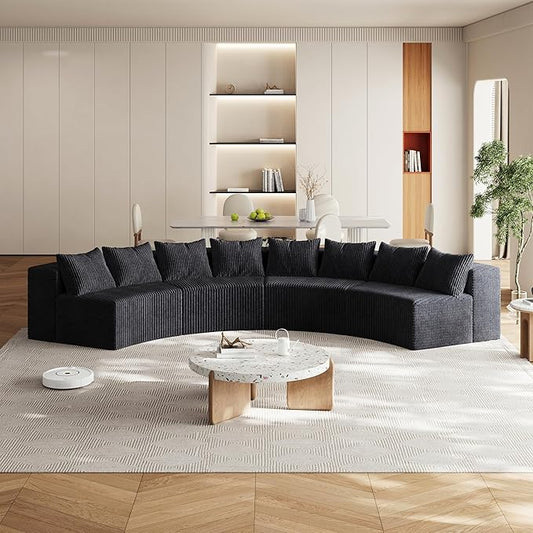 KEIKI 4 Seat Corduroy Curved Sectional Sofa, Symmetrical Modular Semi Circular Couch, Deep Seat Tufted Corner Sofa for Living Room, Lobby, Black