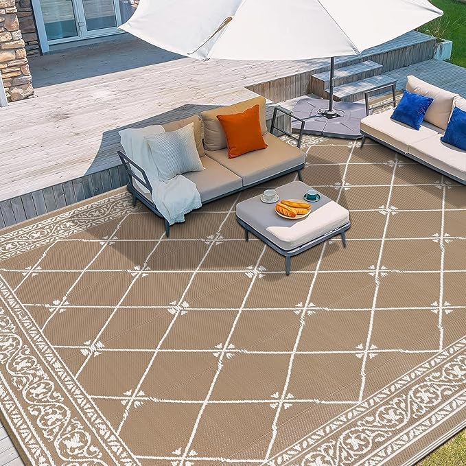 Outdoor Rug 8'x10' for Patios Waterproof Grey Patio Rugs Outdoor Mats for Front Porch,Beach Mat,Reversible Plastic Straw Camping Rugs for Outside RV,Deck,Balcony,Backyard