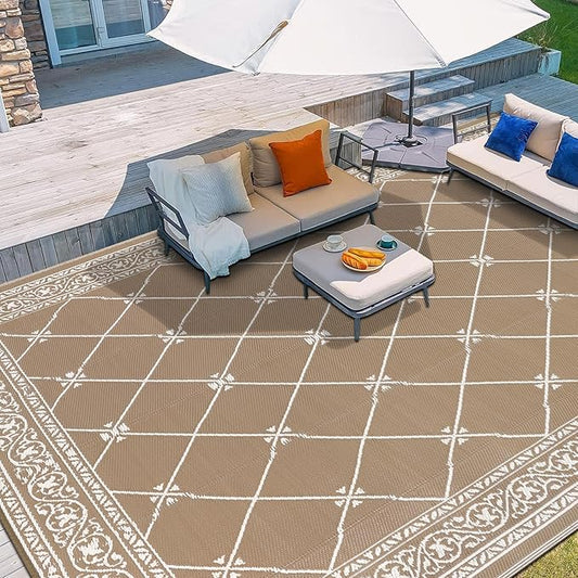 Outdoor Rug 8'x10' for Patios Waterproof Grey Patio Rugs Outdoor Mats for Front Porch,Beach Mat,Reversible Plastic Straw Camping Rugs for Outside RV,Deck,Balcony,Backyard