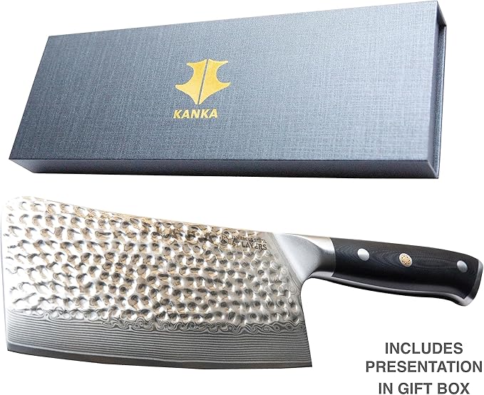 KANKA Grill 7" Damascus Steel Meat Cleaver Knife - Heavy Duty Butcher, Chopper, Razor Sharp, 67 Layers, G10 Black Fiberglass Handle, High Carbon Blade for Meat, Vegetables & Bone Cutting