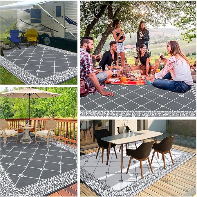 HiiARug Reversible Mat Plastic Outdoor Rugs for Patios Clearance Waterproof Plastic Straw Rug Large Area Rug for Outdoor, Porch, Patio, RV,Camping,5x7Ft, Grey