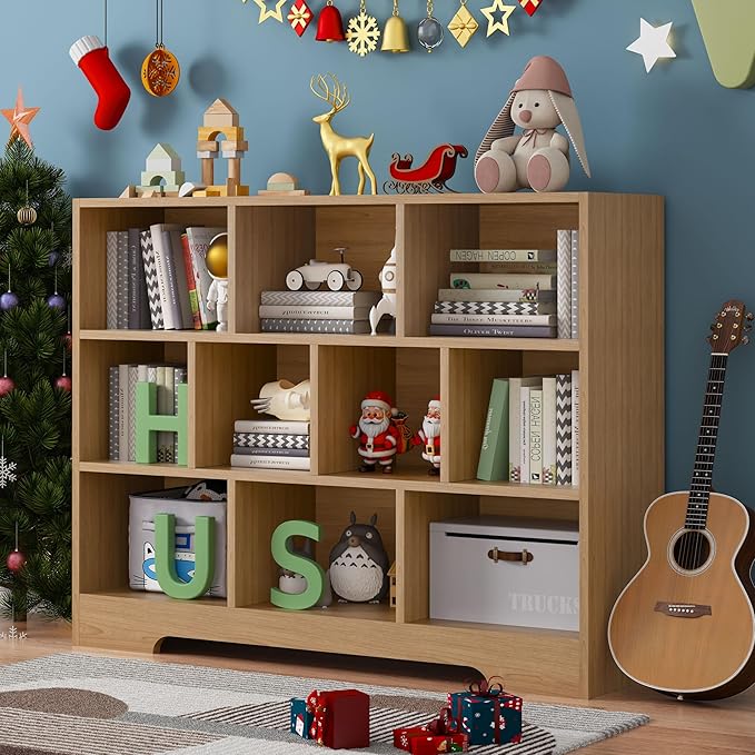 Book Shelf for Kids, 10 Cubes Storage Organizer Montessori Bookshelf, 3-Tier Wooden Kids Bookcase, Toy Storage Organizer for Children, Wooden Toddler Bookshelf Cube Shelf for Kid’s Room, Classroom