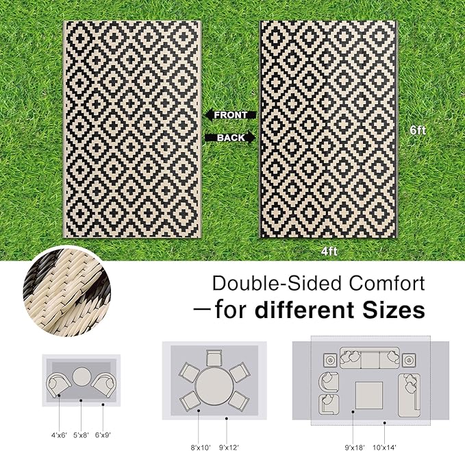 OLANLY Waterproof Outdoor Rug 4x6 ft, Outdoor Plastic Straw Rug for Camping, RV Mat Outside, Outdoor Carpet for Porch, Deck, Backyard, Balcony, Picnic, Black & Beige