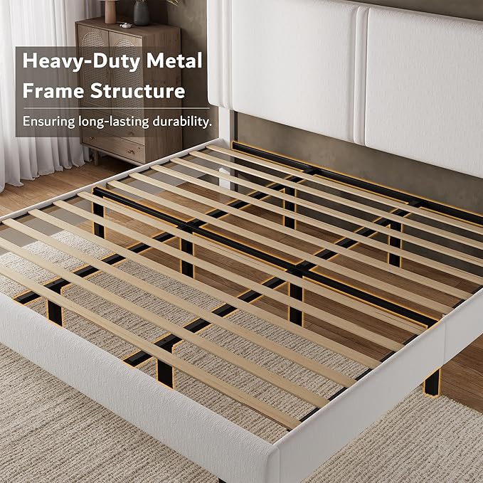 iPormis King Platform Bed Frame with Velvet Upholstered Headboard & Thickened Legs, Mattress Foundation with Solid Wooden Slats Support, No Box Spring Needed, Noise Free, White