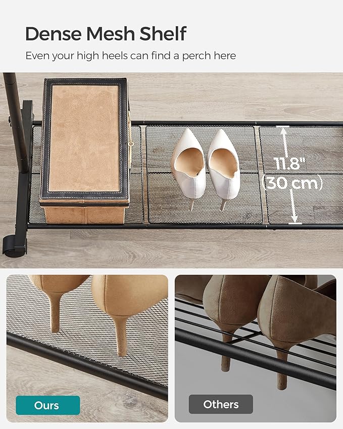 SONGMICS Clothes Rack with Wheels, Double-Rod Clothing Rack for Hanging Clothes, 25.4mm Metal Garment Rack with Dense Mesh Storage Shelf, 110 lb Load Capacity, 2 Brakes, Black UHSR027B01