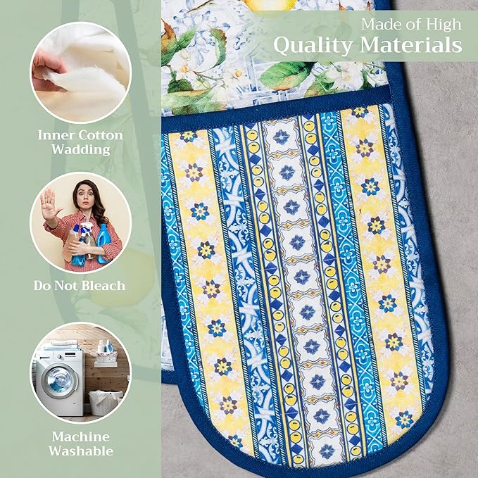 Maison d' Hermine Double Oven Mitts 100% Cotton 7"x35" Double Oven Mitt Heat Resistant BBQ Cooking Gloves with Loop, Baking, Grilling, Home, Kitchen, Handling Hot Pans Spring Summer (Citrus)