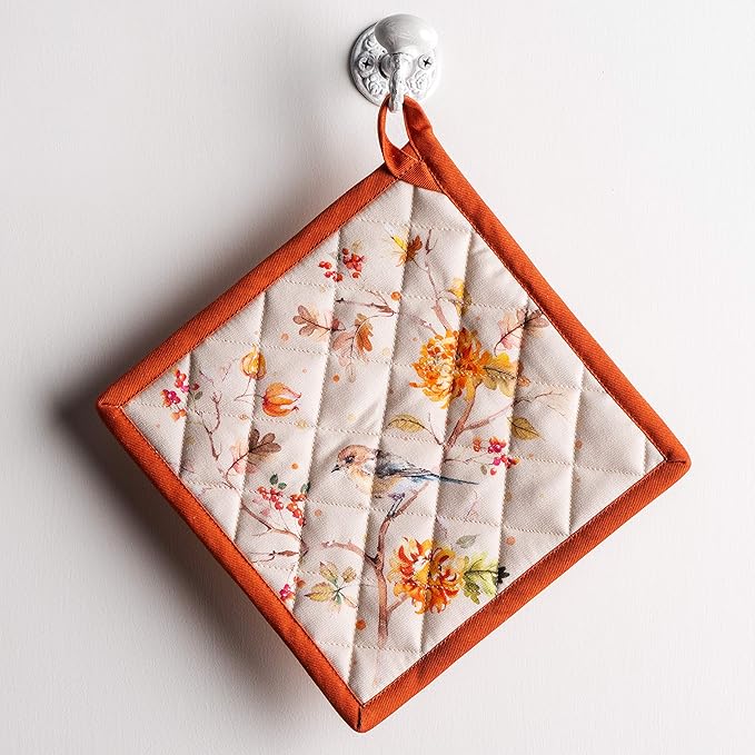 Maison d' Hermine Pot Holders Set 100% Cotton Heat Resistant Potholders 8" x 8" Hot Pads with Loop for Thanksgiving Christmas Decorations BBQ Baking Handling Hot Pans (Pack of 2, Kelim - Prairie)