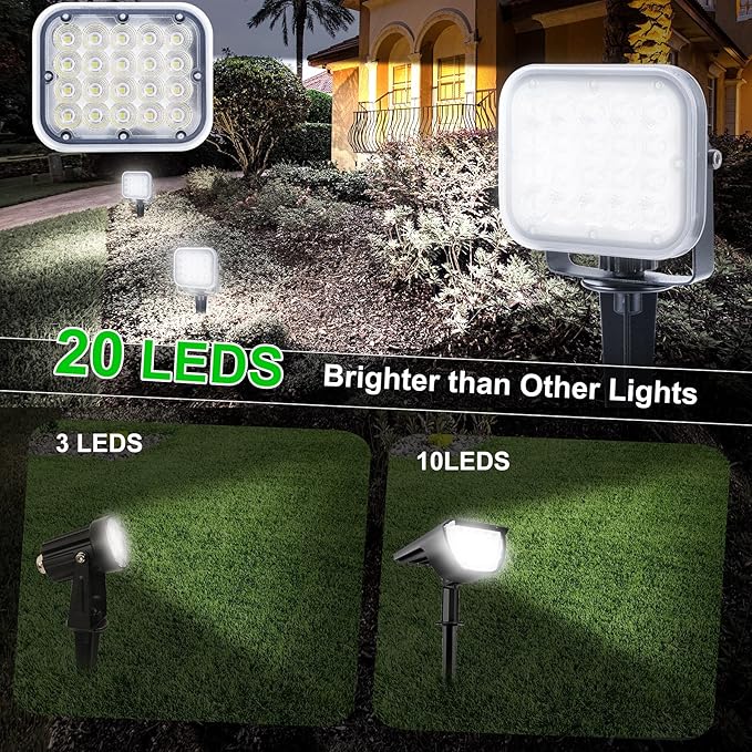 Solar Spot Lights Outdoor,2 Pack 20 LED IP65 Waterproof Solar Landscape Lights, Dusk-to-Dawn 6000K Cold White Solar Outdoor Lights for Yard Garden Driveway Porch Walkway, 1-in-1