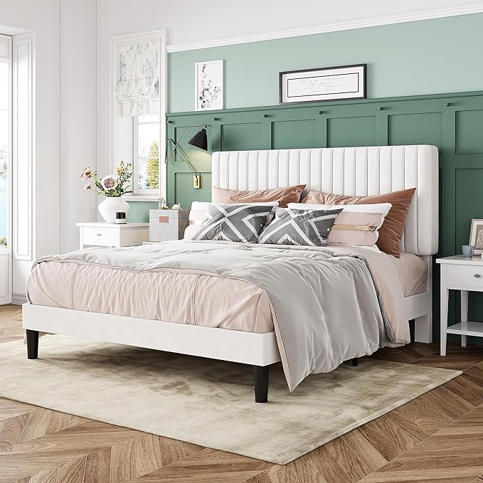 Allewie Queen Bed Frame, Velvet Upholstered Platform Bed with Adjustable Vertical Channel Tufted Headboard, Mattress Foundation with Strong Wooden Slats, Box Spring Optional, Easy Assembly, Off-White