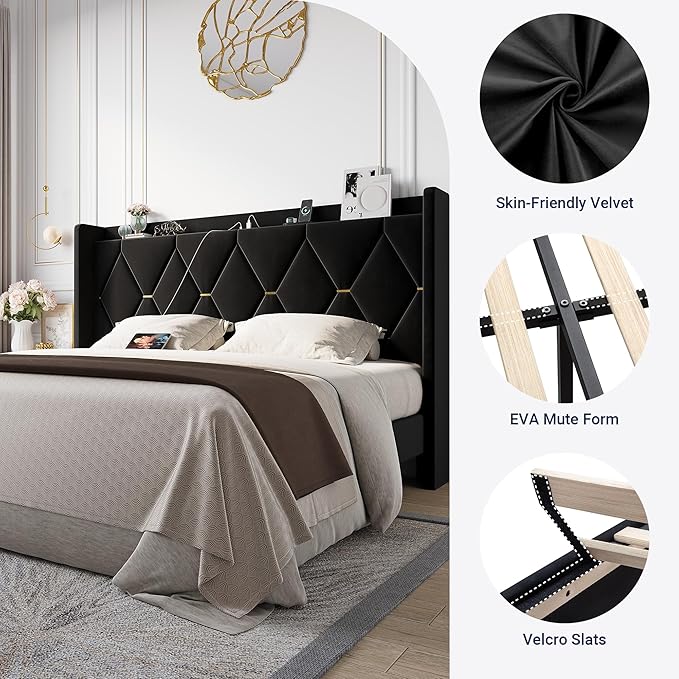 Allewie Velvet King Size Upholstered Bed Frame with Wingback Storage Headboard & Charging Station, Platform Bed with Diamond Tufted Design & Gold Trim, No Box Spring Needed, Easy Assembly, Black