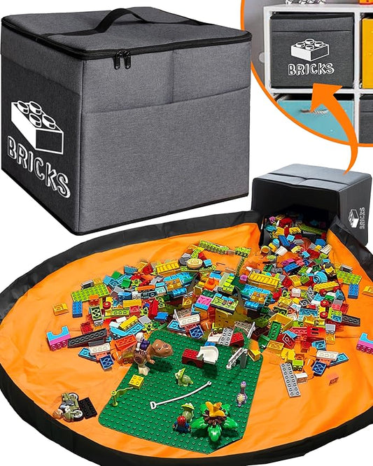 XL Toy Storage Organizer & Play Mat - Storage Bag/Box for Kids, Boys, Girls, Nursery, Playroom - Basket for Building Bricks/Blocks - Collapsible Fabric Cube Bin, 13"x13"x15"