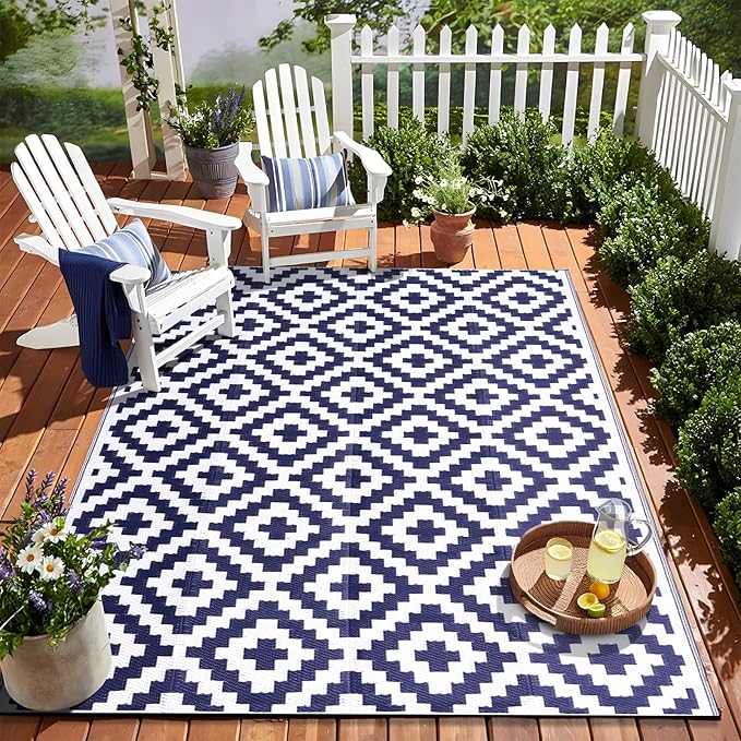 OLANLY Waterproof Outdoor Rug 5x8 ft, Outdoor Plastic Straw Rug for Camping, RV Mat Outside, Indoor Outdoor Carpet for Porch, Deck, Backyard, Balcony, Picnic, Navy & White