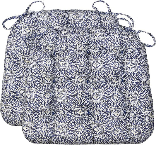 Barnett Home Decor Dining Chair Cushions with Ties, 16.5 x 18, Pack of 2 – Tibet Blue – 100% Cotton, Latex Foam Fill