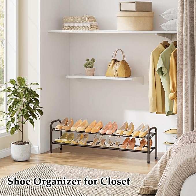 2 Tier Shoe Organizer, Shoe Rack for Closet, 28“ Metal Shelf Can Expandable to 42“, for Bedroom, Entryway, Closet, Garage, Adjustable to 12 Pairs Shoes, Rustic Brown