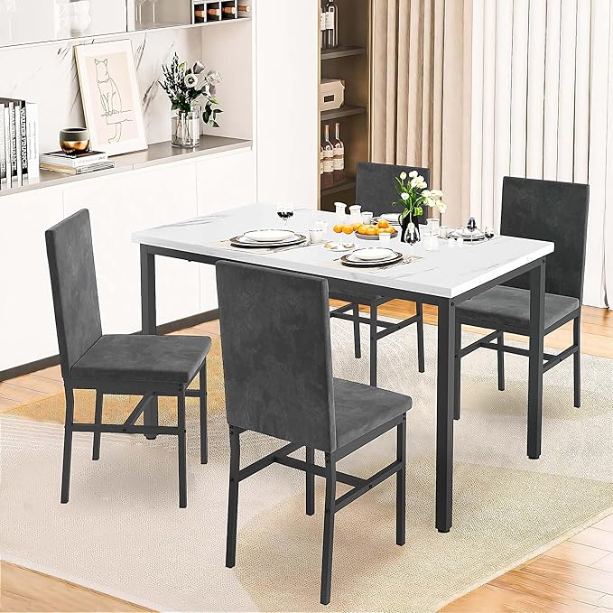 Dining Table Set for 4, 47.2" Faux Marble Kitchen Table Set with 4 Upholstered Velvet Chairs, Dinette Table Set for Dining Room, Kitchen, Breakfast Corner (Gray)