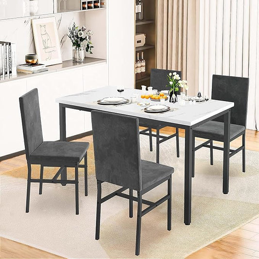 Dining Table Set for 4, 47.2" Faux Marble Kitchen Table Set with 4 Upholstered Velvet Chairs, Dinette Table Set for Dining Room, Kitchen, Breakfast Corner (Gray)
