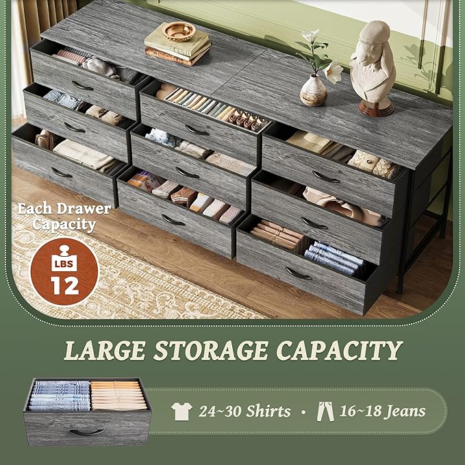 Huuger 63 Inch Dresser for Bedroom, Long Dresser for Closet with 9 Drawers, Large TV Stand for 55, 65, 70 Inch TV, Entertainment Center with Storage, Wide Chest of Drawers, Grey