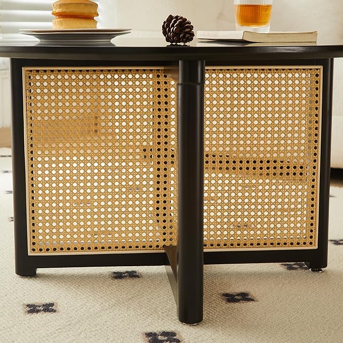 Small Round Coffee Table – 31.5" Solid Wood & Rattan Coffee Table, Modern Rustic Accent Table for Living Room, Boho Style