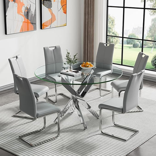 Goujxcy Round Dining Table Set for 6, Modern Glass Kitchen Table and Chairs Set of 6, 7 Piece Dining Room Table Set with 47" Circle Silver Metal Glass Dinner Table and 6 Grey Leather Dining Chairs