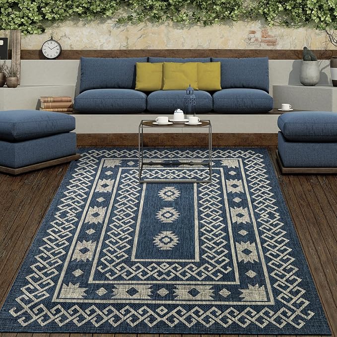 Antep Rugs Patio 8x10 Outdoor/Indoor Southwest Aztec Native Area Rug (Blue, 7'10" x 10')