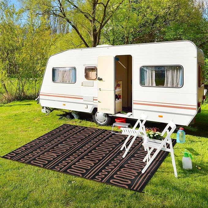 Beeiva Outdoor Area Rug, 6x9 Large Outdoor Rug Waterproof, Reversible Plastic Indoor Outdoor Rug for Deck, Balcony, Backyard, Porch, Camping, Picnic - Black/Brown