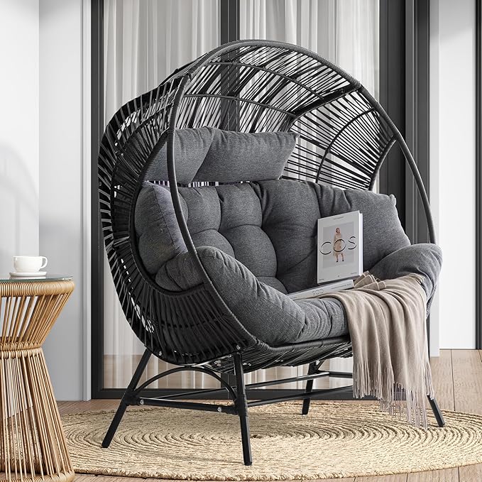 IRONCK 2 Person Egg Chair Outdoor Indoor, Oversized Double Wicker Lounge Chair, Thickened Padded Cushions and Headrests, 680Lbs Egg Loveseat for Patio, Balcony, Living Room, Porch, Gray