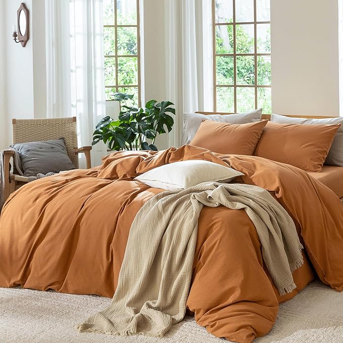 MooMee Bedding Duvet Cover Set 100% Washed Cotton Linen Like Textured Breathable Durable Soft Comfy (Solid Burnt Orange, Palatial King/Oversized King 120"x98")