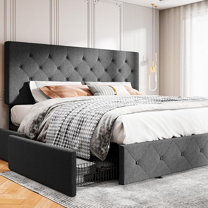 MUTICOR King Size Bed Frame with 4 Storage Drawers, Upholstered Platform Bed with Button Tufted Adjustable Headboard, No Box Spring Needed, Easy Assembly, Diamond Tufted, Dark Grey Fabric