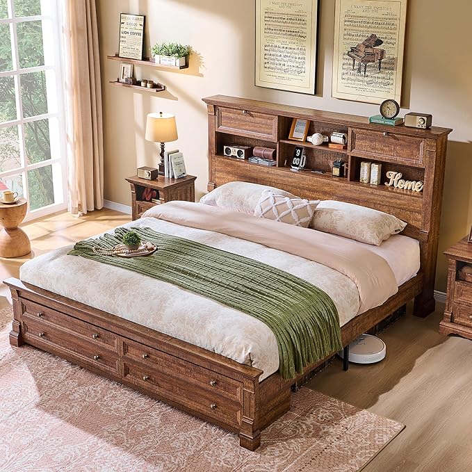Farmhouse Queen Size Bed Frame with 54" Tall Headboard, Headboard with 4 Storage Rack, 2 Drawers, Wood Platform Bed Frame,18" Roman Column Decoration Footboard,No Box Spring Needed(Reclaimed Barnwood)