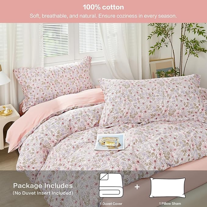 SAPHREAS Duvet Cover Set Twin 2pcs Blue Pink Floral Blossom Bedding Comforter Cover Set 100% Cotton 1 Duvet Cover 68"x90" 1 Pillow Sham, Comforter Not Included