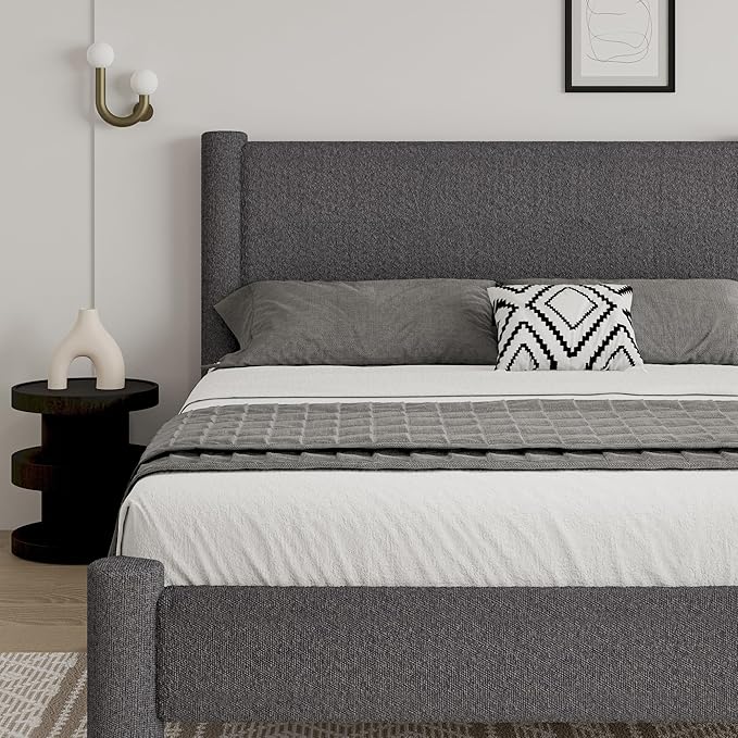 Queen Size Bed Frame, Boucle Upholstered Platform Bed with Headboard and Footboard, Soft Rounded Corners, No Box Spring Required, Easy Assembly, Dark Grey
