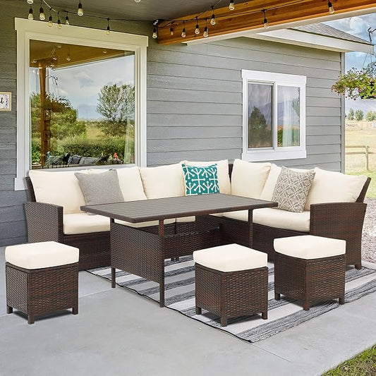 Wisteria Lane Patio Furniture Set, 7 Piece High Curved Back Outdoor Dining Sectional Sofa with Dining Table and Chair, All Weather Wicker Conversation Set with Ottoman, Ivory