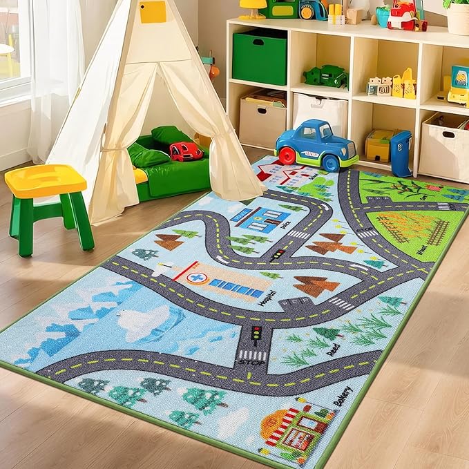 BEQHAUSE Kids Rug City Life, 32”x60” Educational Road Traffic Kids Rug, Non Slip Washable Play Mat Carpets for Children's Bedroom Playroom Nursery Room Decor