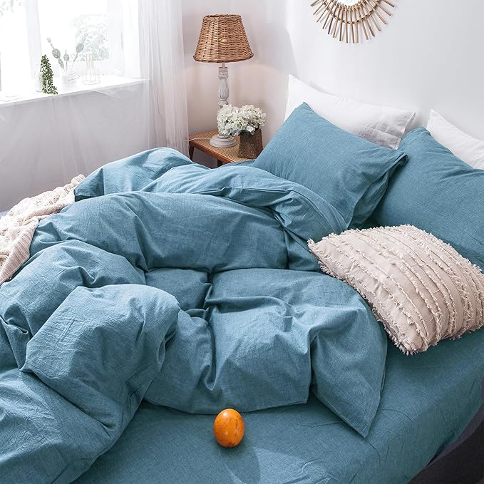 MooMee Bedding Duvet Cover Set 100% Washed Cotton Linen Like Textured Breathable Durable Soft Comfy (Heathered Peacock Blue, King 104"x90")