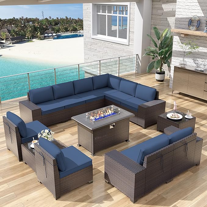 Kurapika 13 Pieces Patio Furniture Set, Rattan Wicker Outdoor Conversation Sets w/43in Propane Fire Pit Table(Navy Blue)