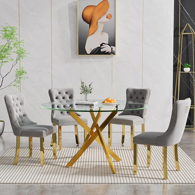Goujxcy 5 Piece Round Glass Dining Table Set for 4, 47" Round Dining Table & Chair Set Modern Circle Glass Kitchen Table and 4 Velvet Upholstered Chairs for Kitchen Dining (Gold Table & Grey Chair)