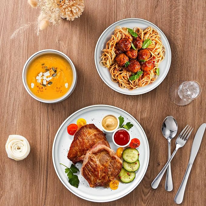 LIANYU 18 Piece Dinnerware Sets for 6, Stoneware Dinner Plates and Bowls Set, Dishware Dish for Home Kitchen Dining, Rustic Terracotta Bottom, Dishwasher & Microwave Safe, Lucent White