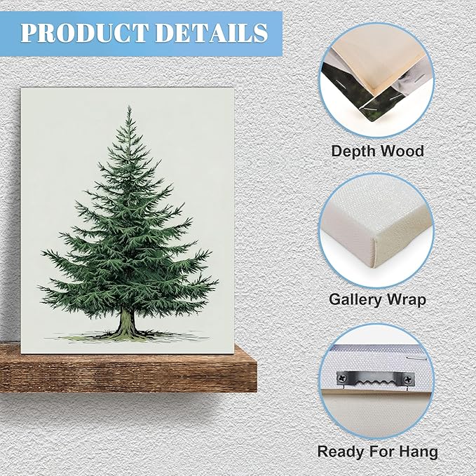 Framed Christmas Pictures Wall Decor,Vintage Pine Tree Prints,Winter Christmas Canvas Wall Art Decoration for Bedroom Bathroom Living Room Rustic Xmas Holiday Gifts (Christmas Tree 5, 12'' X 16'')