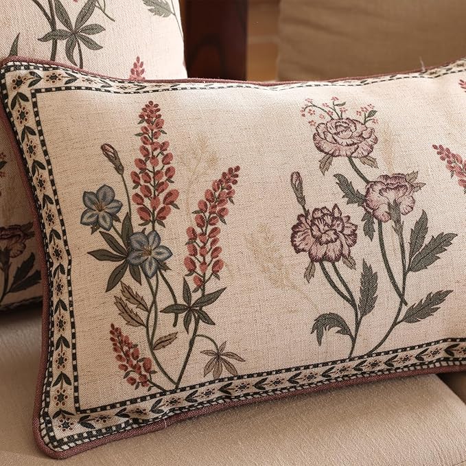 Design Linen Vintage Throw Pillow Covers 12"x20" Pack of 2, Rectangle Cushion Covers with Red Purple Flowers Green Leaves Pattern Decoration Pillowcases for Bed,Living Room,Outdoor,Car