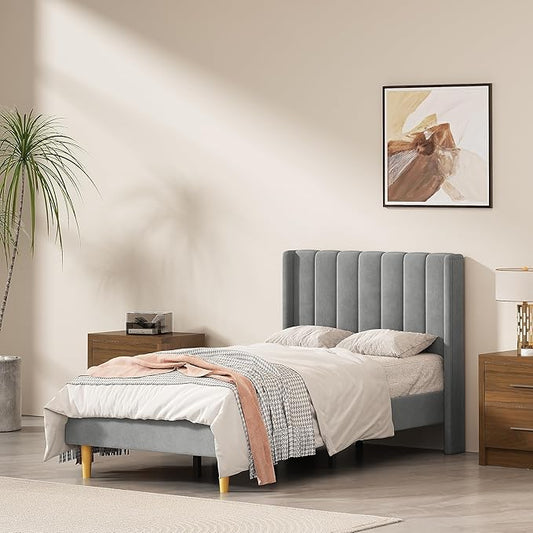 Twin Size Upholstered Platform Bed Frame with Modern Wingback & Vertical Panel Headboard, Velvet Fabric, Wooden Legs & Slats Support, No Box Spring Needed, Noise-Free & Easy Assembly, Grey