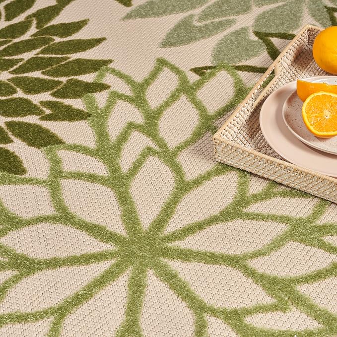 Nourison Home Aloha Tropical Indoor/Outdoor Ivory Green 5'3" x 7'5" Area Rug, Easy Cleaning, Non Shedding, Bed Room, Living Room, Dining Room, Backyard, Deck, Patio (5x7)