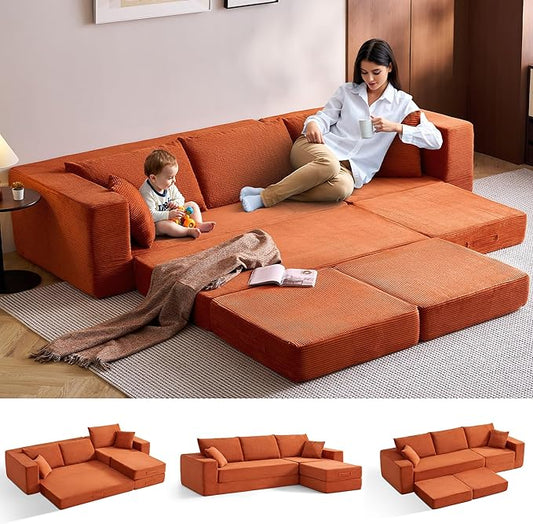 LINSY HOME Modular Sectional Sleeper Sofa Convertible Sofa Bed with 2 Pillows & Ottoman, L Shaped Folding Sofas Corduroy Couch Bed Compression Floor Sofa for Living Room Apartment (Orange)