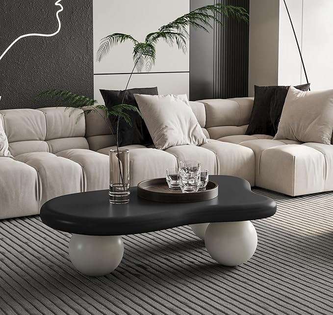 40 Inch Cloud Shaped Coffee Table with 3 Ball Legs for Living Room Black Top White Legs