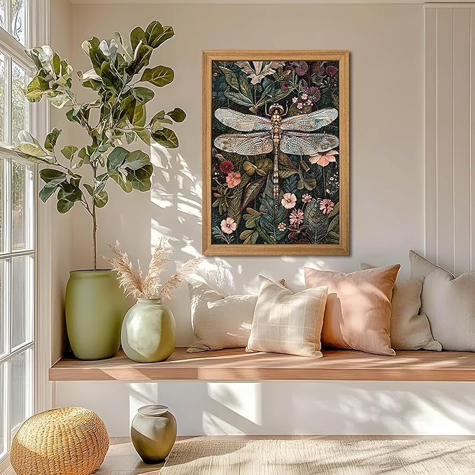 Framed Vintage 3D Textured Wall Art - Dark Green Dragonfly Flowers Wall Decor - Hand Drawn Sandstone Nature Botanical Pictures for Living Room Bedroom Home Decor 24x36in