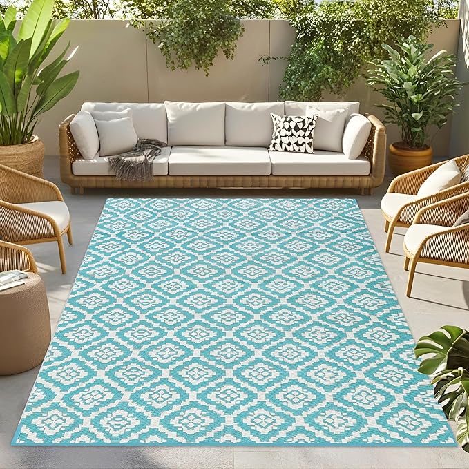 Wallona Outdoor Rugs 5x8 ft Patio Waterproof Clearance Indoor Outdoor Carpet for Patio Plastic Straw Reversible Area Rugs Mat for RV, Camping, Balcony, Beach, Picnic, Porch, Brick Green & White