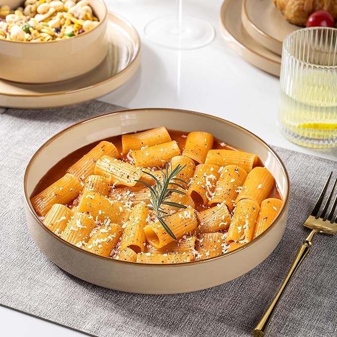 GBHOME Ceramic Dinnerware Sets With Double Bowl for 4, 16 Pieces Stoneware Plates and Bowls Set, Reactive Glaze Dishes -Scratch Resistant, Dishwasher&Microwave Safe-Warm Sand