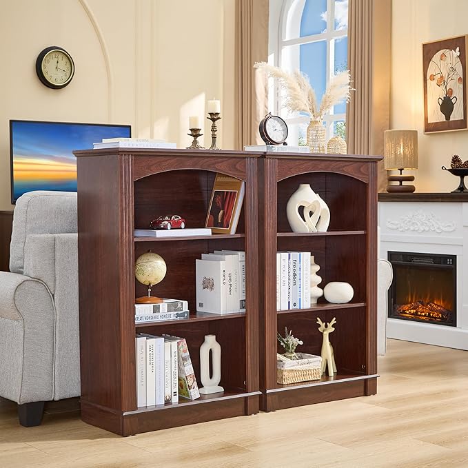 Small Bookshelf, 3 Tier Bookcase and Kids Bookshelf, Cherry Storage Cabinet with Wooden Cube Storage Organizer, Modern Book Shelf for Bedroom Furniture, Living Room, Office, Toy Organizer Cabinet