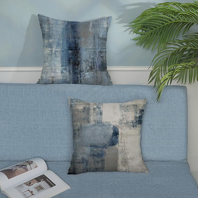 Boho Pillow Covers 18x18 Pack of 2 Blue Art Painting Decorative Throw Pillow Covers Outdoor Decor,Bohemian Abstract Modern Decor Pillowcase Farmhouse Linen Cushion Case for Home Couch Sofa
