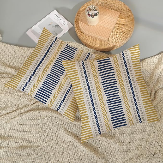 Boho Pillow Covers 18x18 Set of Yellow Blue Stripes Throw Pillow Covers Outdoor Decoration,Bohemian Abstract Modern Decor Pillowcase Farmhouse Linen Decorative Cushion Cover for Sofa Couch